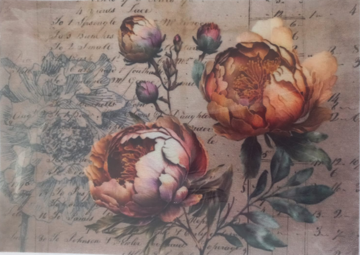 A square decorative print or card featuring large vintage-style peony flowers in peach, orange, cream, and muted purple tones over a beige background with faded cursive script and floral sketches.