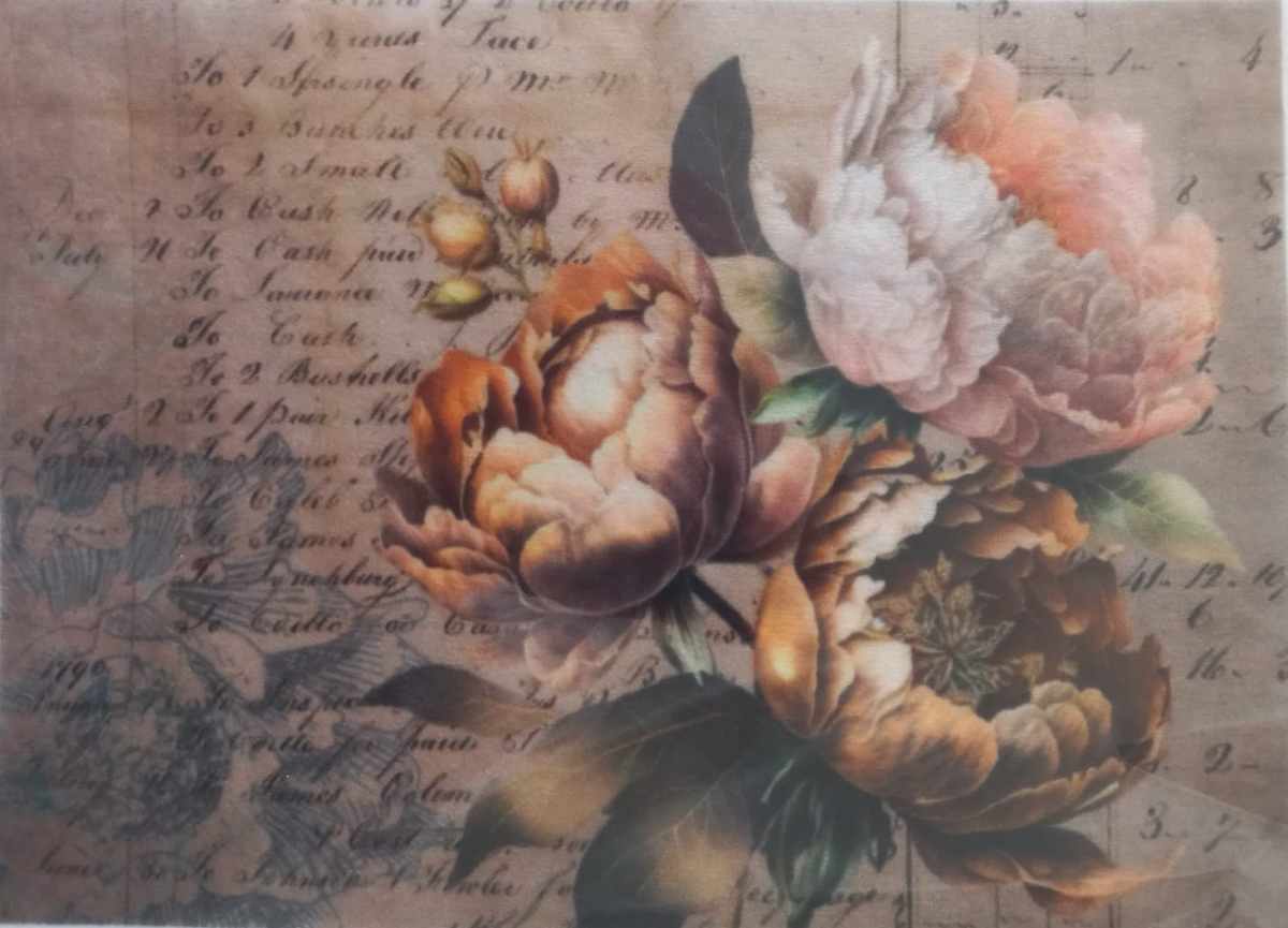 A square decorative card or print featuring three large peony flowers in warm peach, orange, and cream tones over a vintage script background, photographed inside a clear plastic sleeve.
