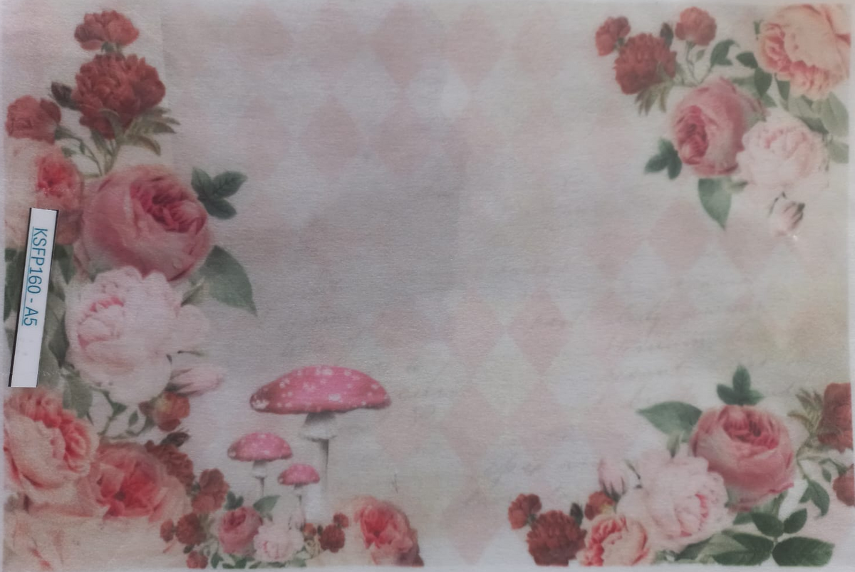 A rectangular printed card or insert with a vintage floral border design, placed inside a clear plastic sleeve. The design features pink and red roses with green leaves and small pink mushrooms on a pale pink argyle background.