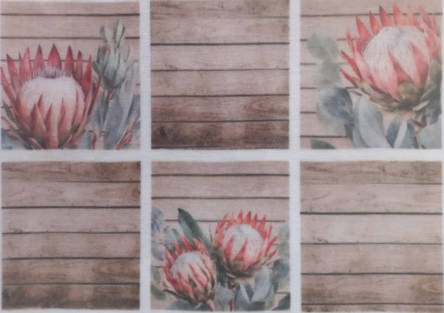 A Sheet of Six Rectangular King Protea against a Rustic Wooden Background A5