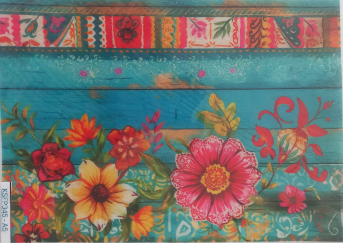 A square decorative art print or card featuring a colorful floral design on a turquoise wood-plank background, sealed in a clear plastic sleeve. The artwork includes large pink, red, yellow, and orange flowers, a patterned border at the top, and a small vertical text label reading 'KSPrints' on the left edge.