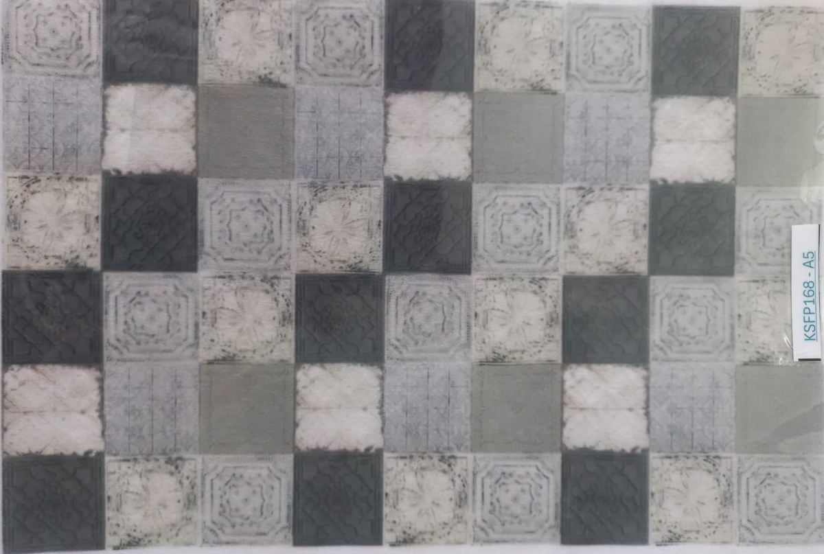 A square fabric sample or wallpaper swatch featuring a checkerboard pattern of gray, charcoal, and off-white textured squares, enclosed in a clear plastic sleeve with a vertical label reading KSP0168-A5.