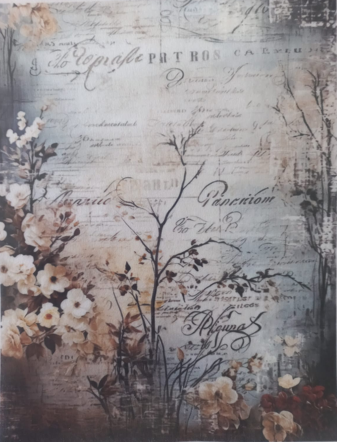 A vintage-style floral print featuring cream and beige flowers, dark brown branches, and cursive script over a distressed blue-gray background.