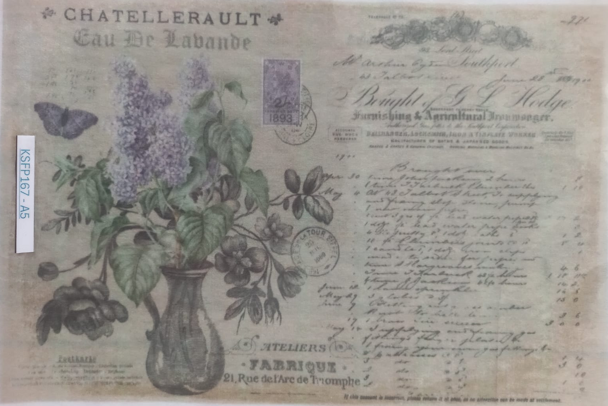 An antique-style French patent print for 'Chaletterault Eau De Lavande' featuring a central floral illustration with purple blossoms, green leaves, and a vase, alongside vintage handwritten text and stamps, displayed inside a clear protective sleeve.