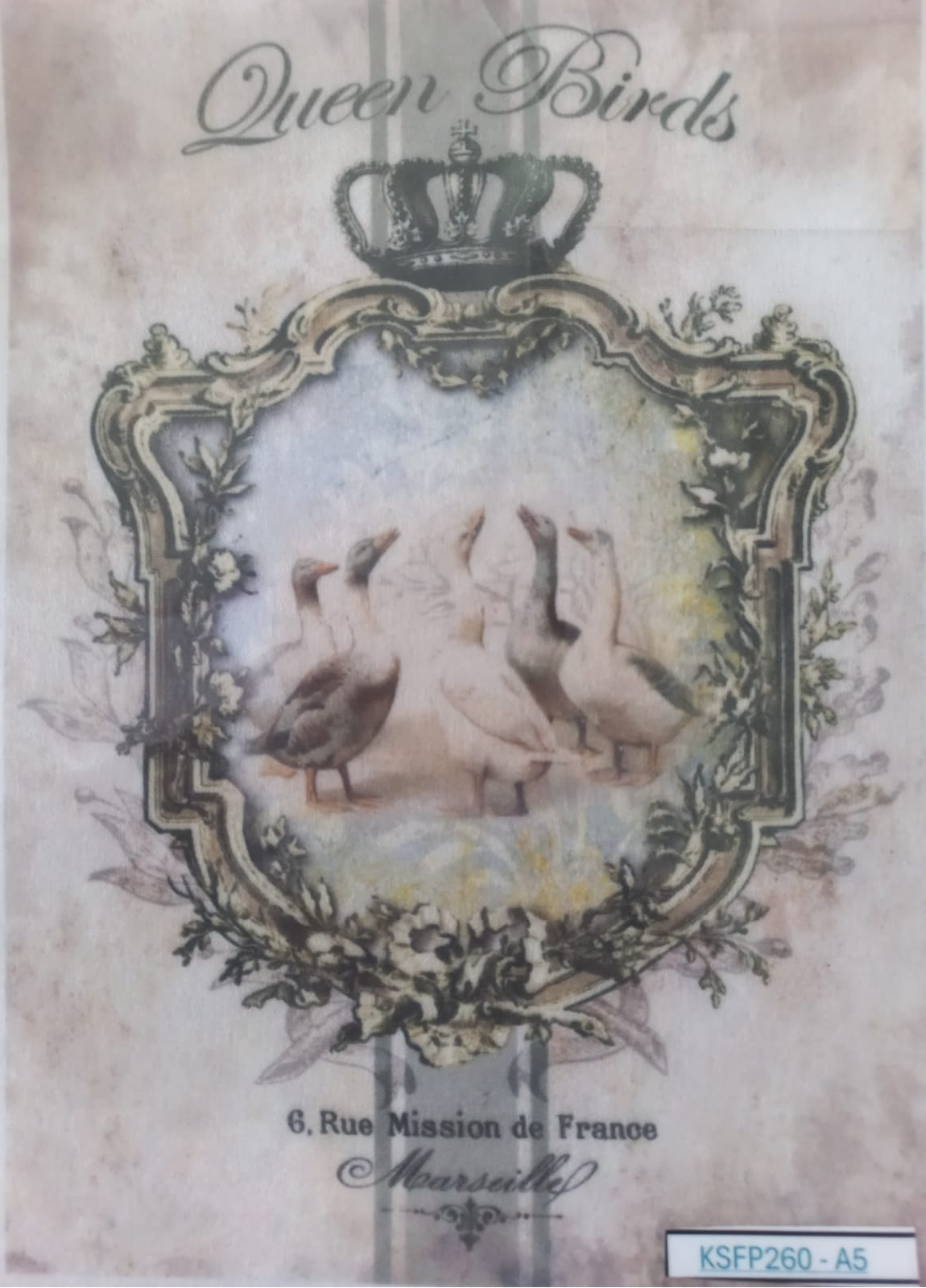 Vintage-style printed artwork or packaging design featuring the words 'Queen Birds' at the top, a crown above an ornate decorative frame, three birds in the center, and address text near the bottom. The print has a distressed aged-paper look with muted beige, gray, and green tones.