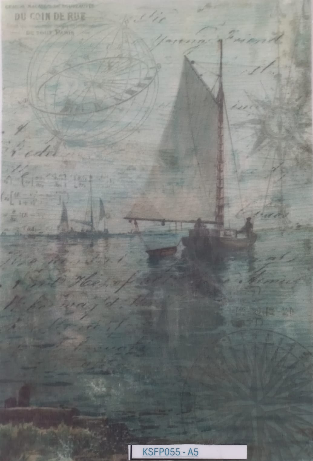 A vintage-style nautical art print featuring a sailboat on water with faint script and cartographic designs, shown inside a clear protective sleeve. A white label at the bottom reads 'KSFP055-A5'.