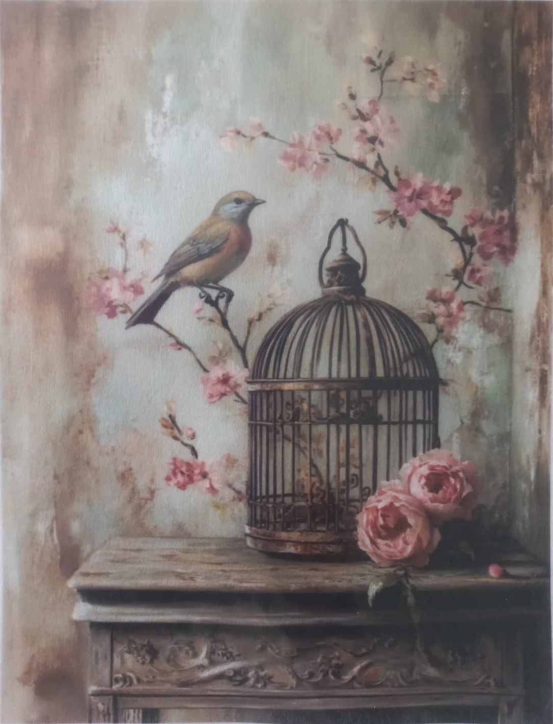 A vintage-style decorative print or card featuring a small bird perched on a branch beside an ornate birdcage, with pink blossoms and pink roses on a rustic table against a mottled beige and blue background. The print has printed text along the top and bottom edges.