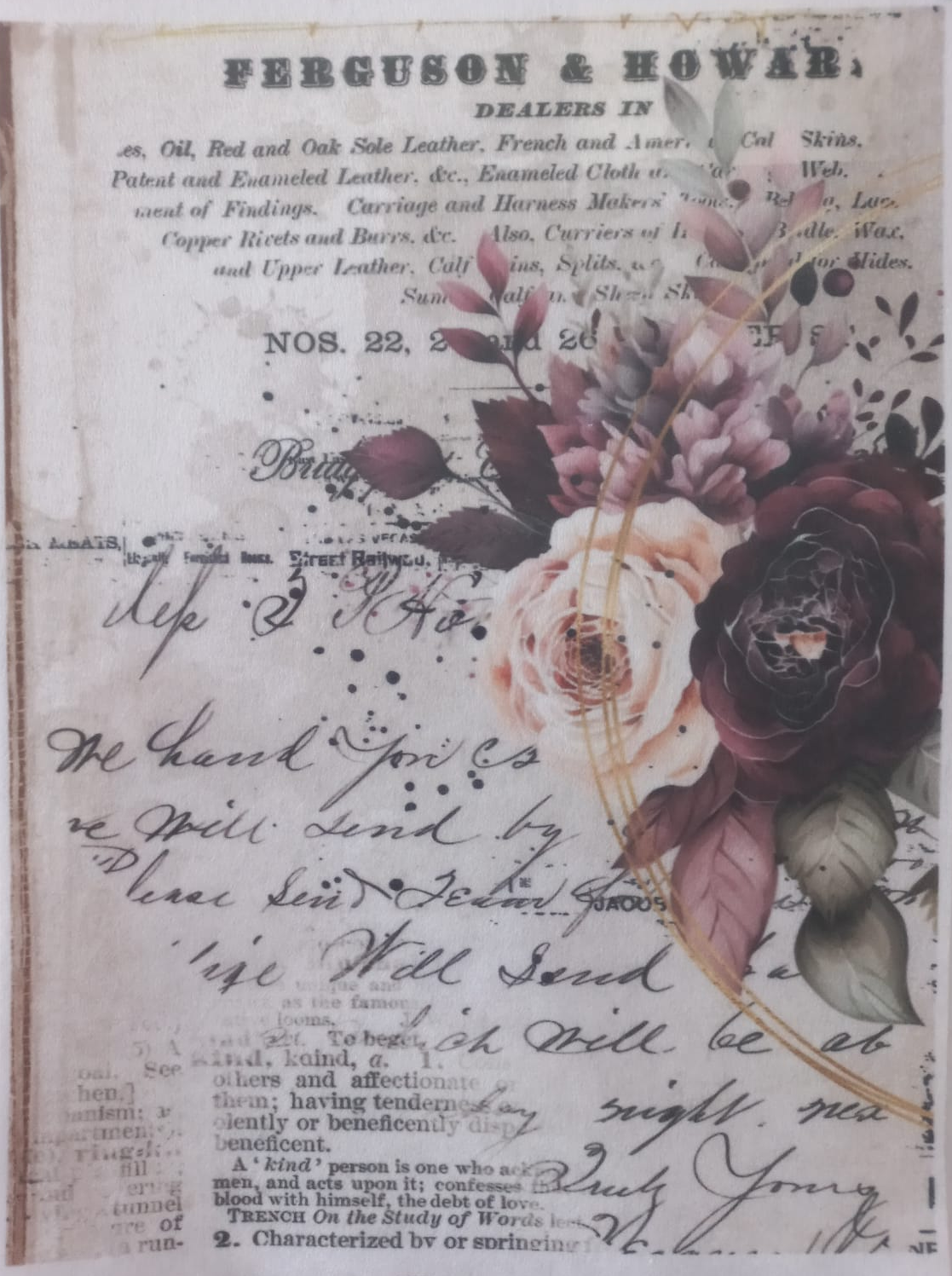 Vintage-style floral art print featuring large burgundy and mauve roses, pink peonies, a small bird, and handwritten script over aged newspaper text and ink splatters.
