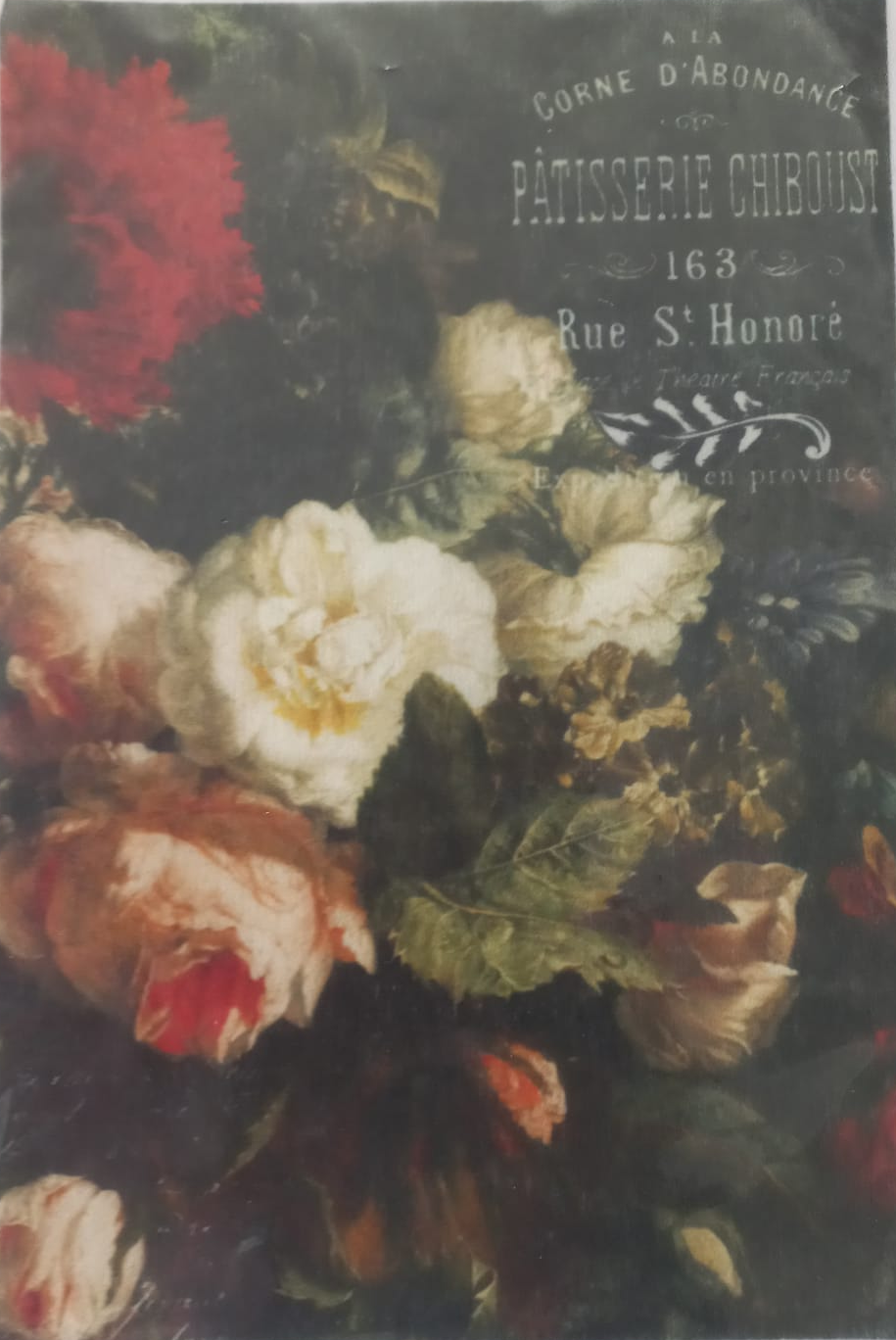 A rectangular printed card or label featuring a floral painting with red, cream, peach, and green flowers, with French text at the top reading 'A M. Corne d'Abondance au Pâtisserie Chibouise 163 Rue S.