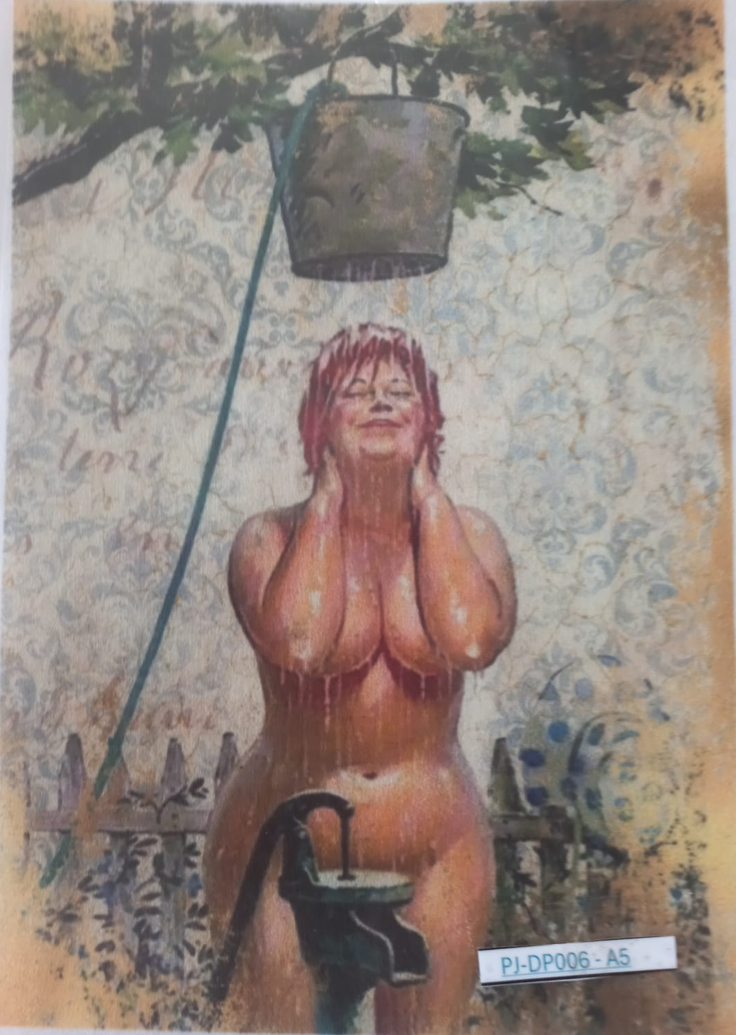 A printed artwork or card featuring a nude woman standing under a bucket and faucet, with a patterned background and a small label reading PJ-DP006-A5 at the bottom right.