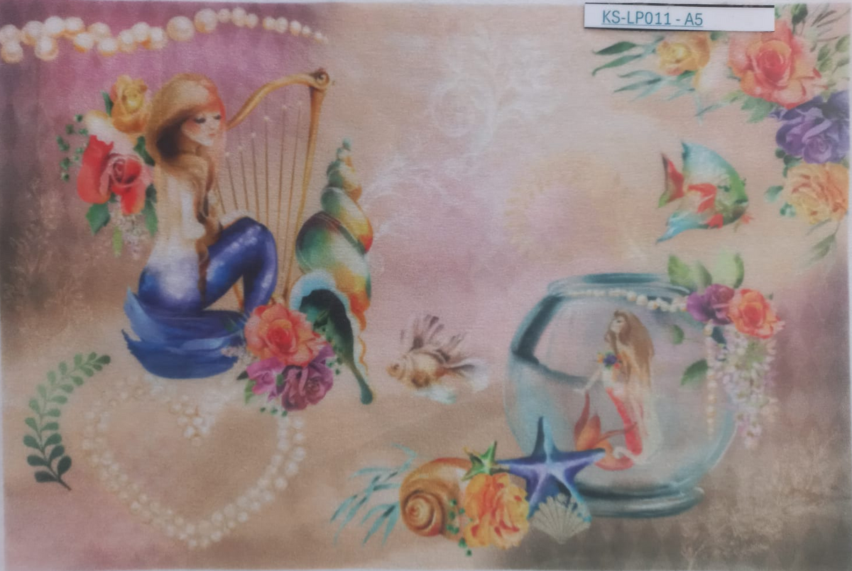 A square decorative art print or sticker sheet in a clear plastic sleeve, featuring a pastel mermaid scene with a harp, flowers, shells, a fishbowl, and sea-themed motifs on a pink and beige background.