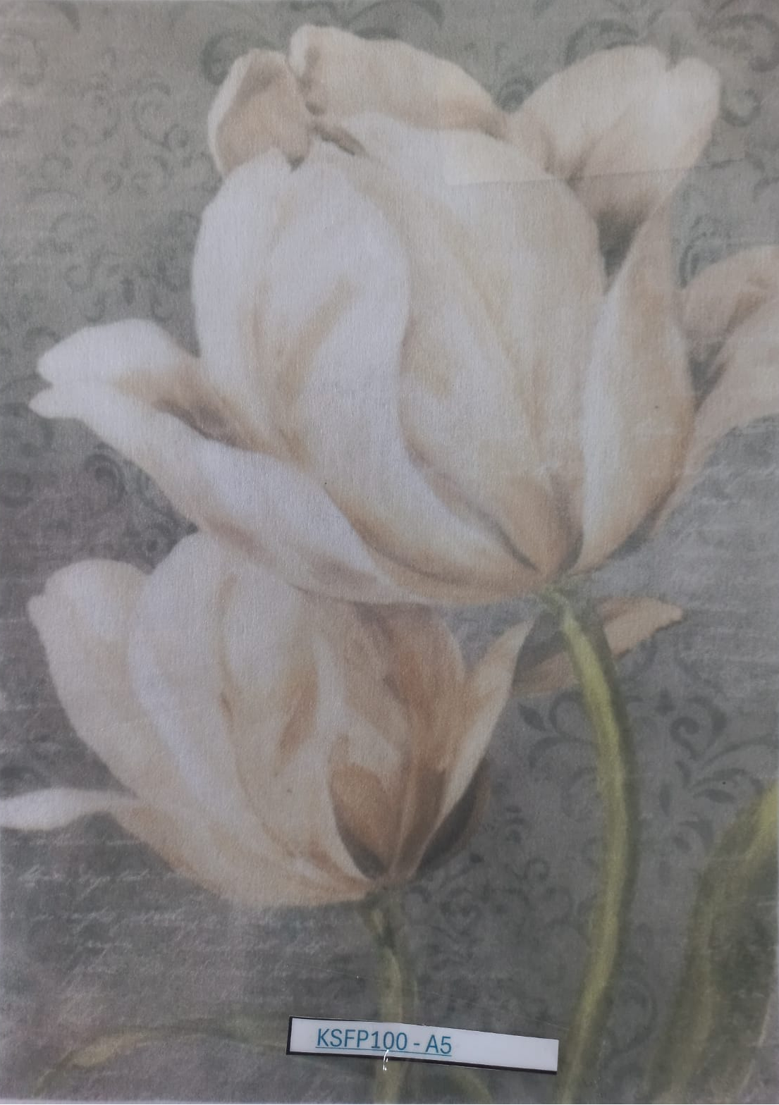 A square art print or card featuring a watercolor-style depiction of two large cream-colored tulips against a muted gray damask-patterned background. A small label reading 'KSFP100-A5' is visible at the bottom.