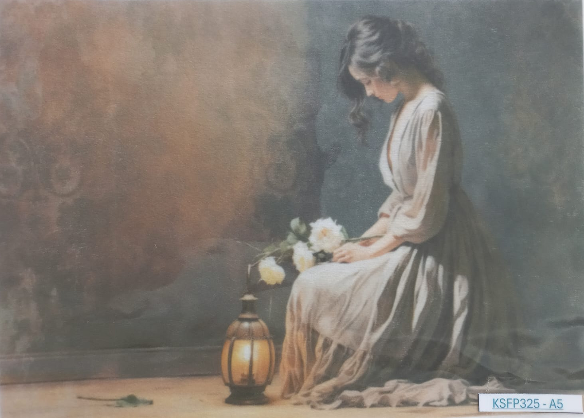 A vintage-style painting or print depicting a seated woman in a long beige dress holding white flowers beside a glowing lantern, with a dark textured background. The artwork is photographed flat and appears slightly wrinkled, with a small printed code in the bottom right corner.