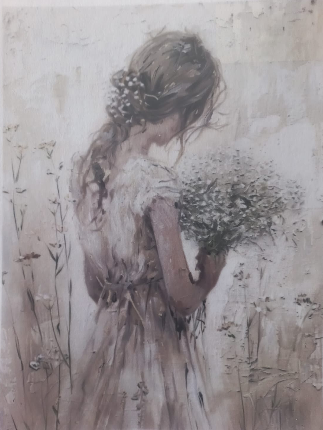 A square art print or decorative tile featuring an impressionistic painting of a young girl in a white dress holding a bouquet of white flowers, rendered in soft beige, brown, and gray tones.