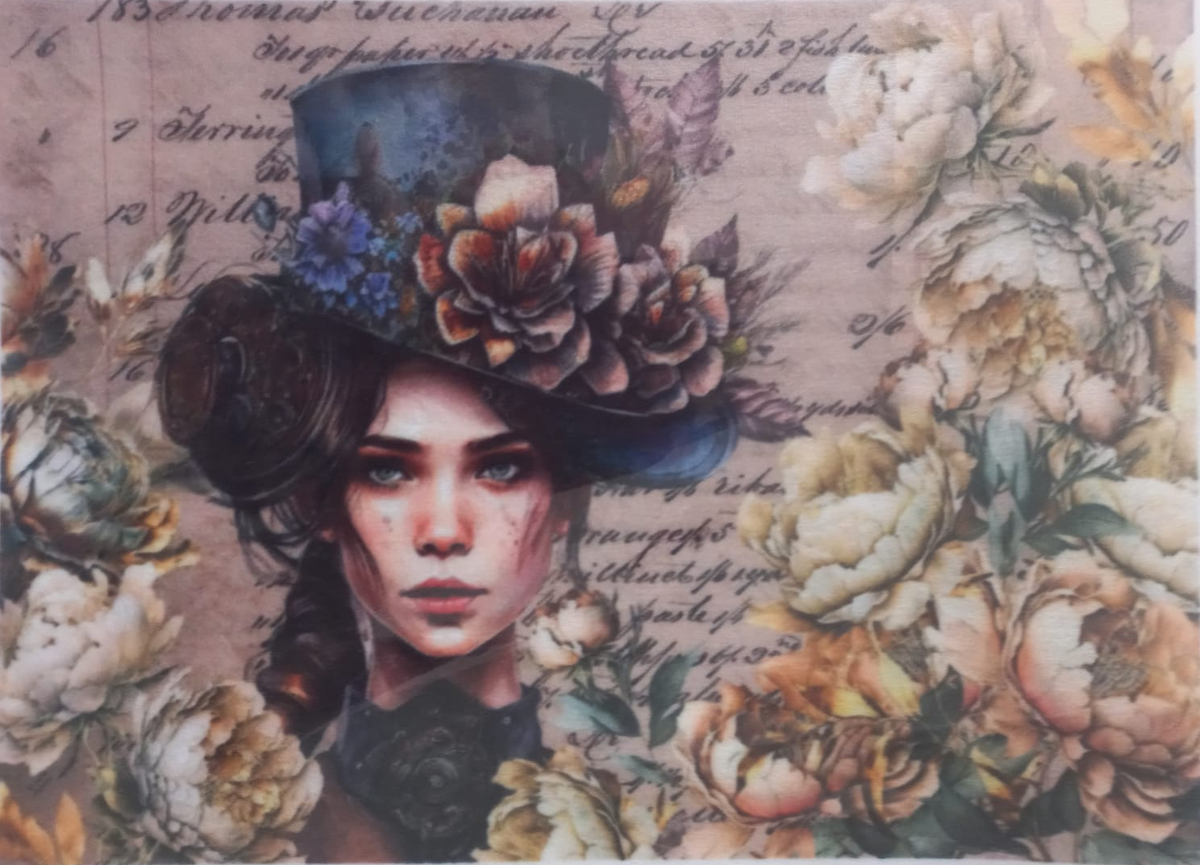 A square art print or card featuring a stylized portrait of a woman in a dark top hat adorned with large flowers, surrounded by vintage floral illustrations and cursive script on a beige background.