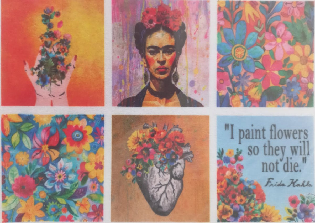A printed sheet featuring six colorful art panels inspired by Frida Kahlo, including floral designs, an anatomical heart with flowers, a hand holding flowers, and a quote panel that reads, 'I paint flowers so they will not die.'.
