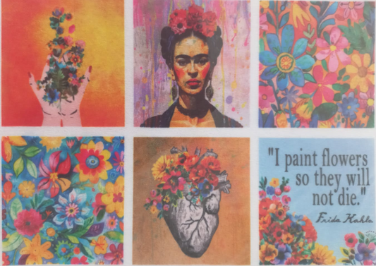 A printed sheet featuring six colorful art panels inspired by Frida Kahlo, including floral designs, an anatomical heart with flowers, a hand holding flowers, and a quote panel that reads, 'I paint flowers so they will not die.'.