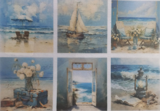 A sheet of six small beach and nautical art prints arranged in a grid, photographed against a white background. The prints depict scenes such as beach chairs by the ocean, a sailboat, Adirondack chairs with flowers, a suitcase with flowers, an open doorway looking out to sea, and a lantern by the shore.