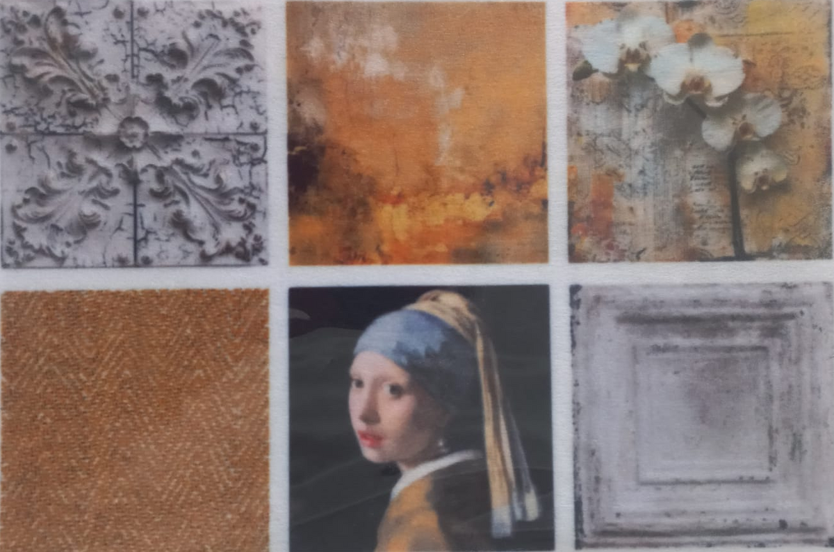 A sheet of six square decorative art prints or samples arranged in a 2x3 grid on a white backing. The designs include a gray carved floral pattern, an orange abstract painting, white orchids on textured beige ground, a brown herringbone textile closeup, a portrait inspired by Vermeer's Girl with a Pearl Earring, and a gray classical architectural frame.