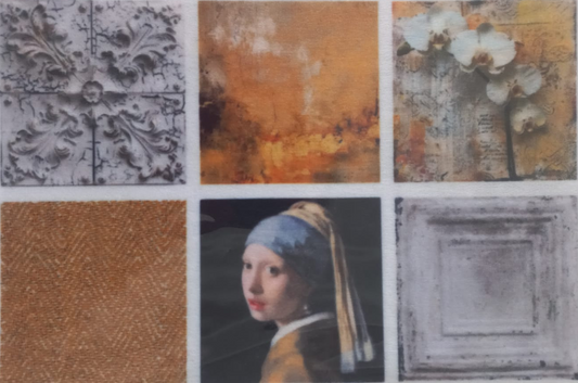 A sheet of six square decorative art prints or samples arranged in a 2x3 grid on a white backing. The designs include a gray carved floral pattern, an orange abstract painting, white orchids on textured beige ground, a brown herringbone textile closeup, a portrait inspired by Vermeer's Girl with a Pearl Earring, and a gray classical architectural frame.