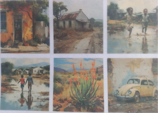 A six-panel painting print arranged in a grid, depicting rural scenes: an orange house, a dirt road, two children running through puddles, another children's scene, a succulent plant, and a yellow Volkswagen Beetle. The artwork appears photographed on a white surface with a small label in the bottom-right corner reading KSFP320 - A5.
