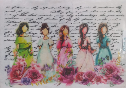 A square decorative art print or card featuring four stylized watercolor female figures in green, white, pink, and blue dresses, surrounded by pink and purple roses, set against a background of cursive handwriting.