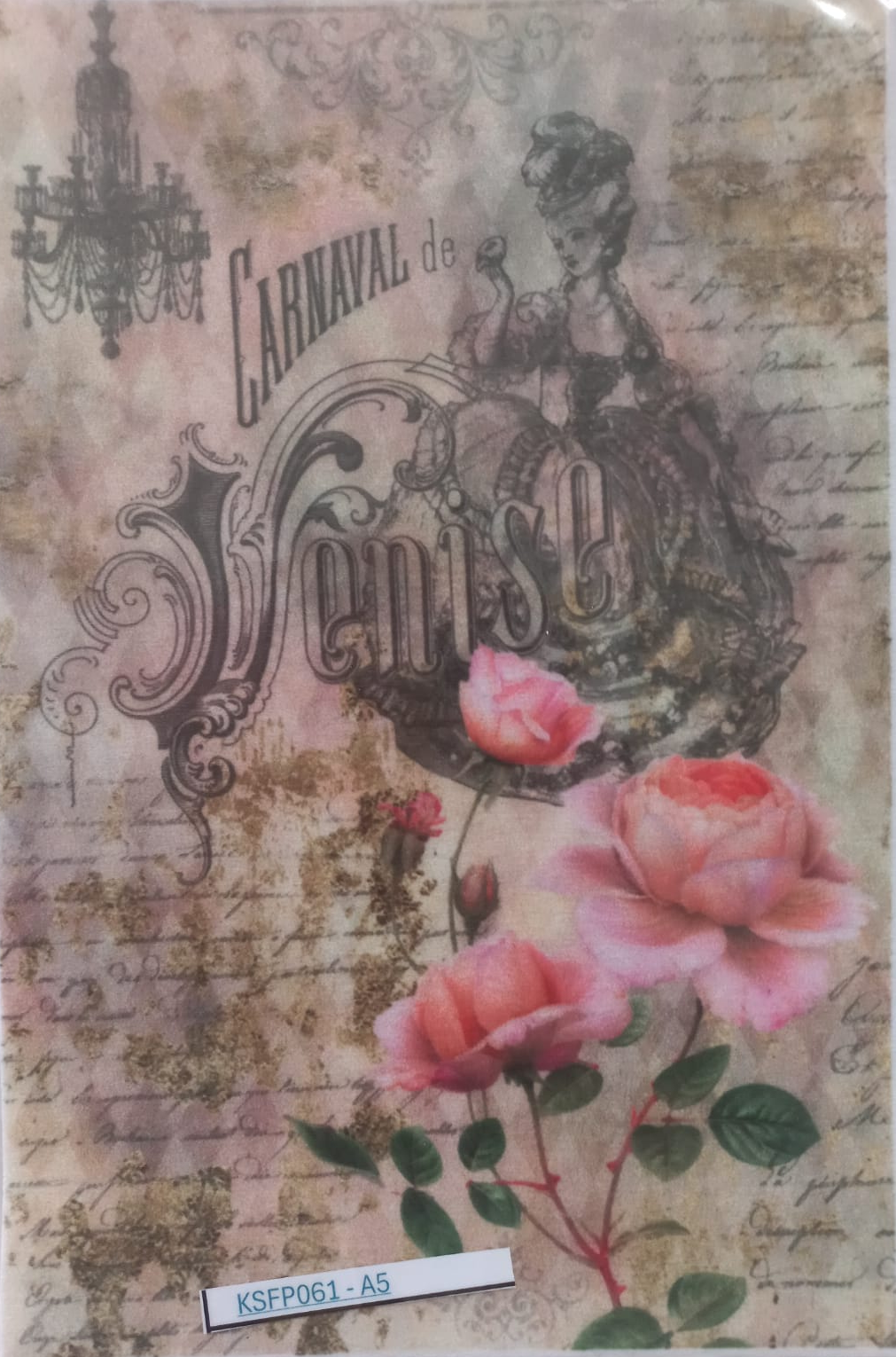 A vintage-style printed card or art print featuring the words 'Carnaval de Venise,' ornate black decorative script, faded script background, and pink roses with green leaves, shown inside a clear plastic sleeve.
