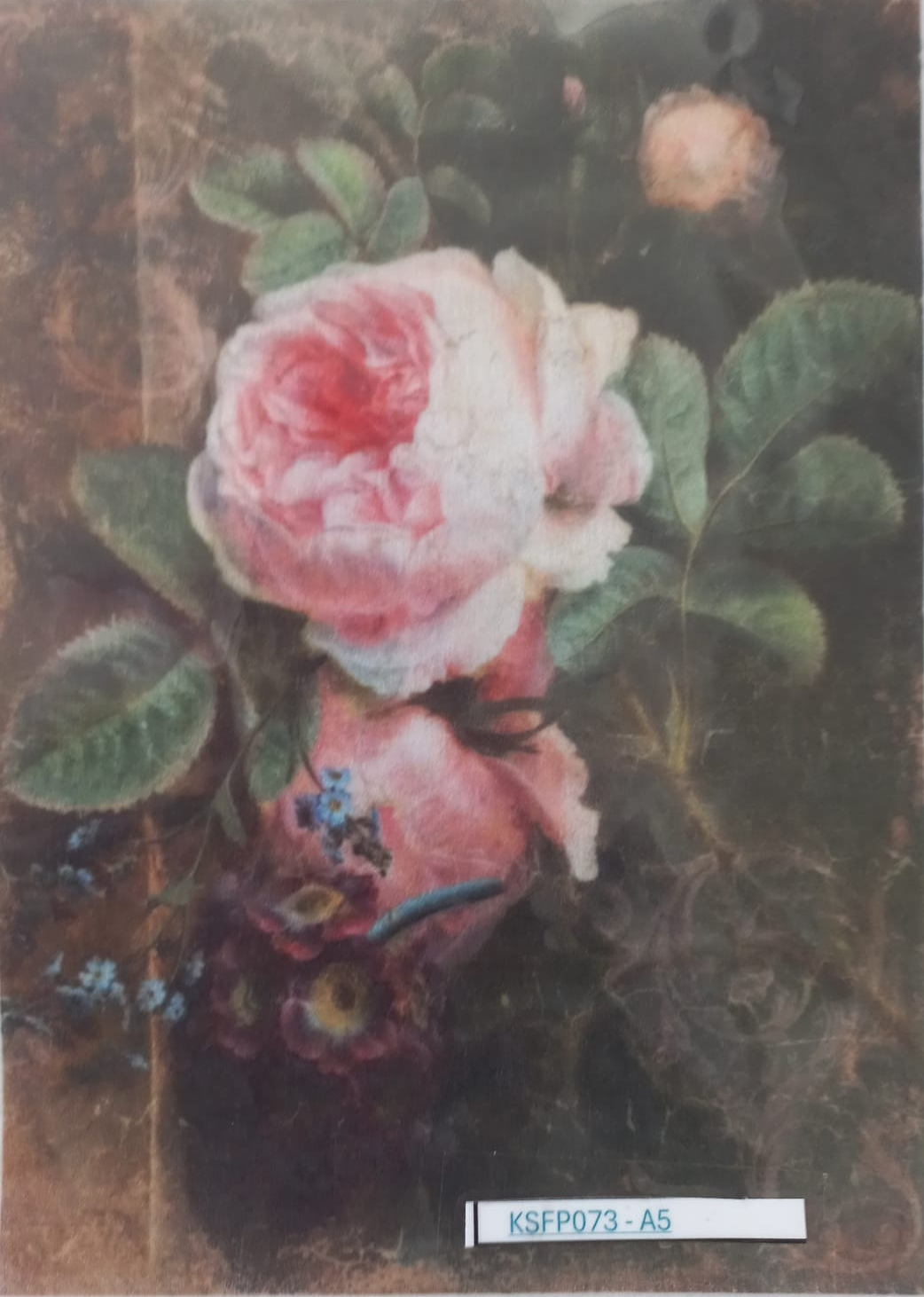 A vintage-style floral art print depicting a large pink rose with green leaves on a dark, textured background, photographed inside a clear protective sleeve with a barcode label at the bottom.