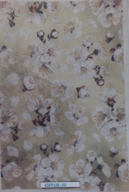 A square fabric or wallpaper sample with a vintage floral print featuring white blossoms and brown accents on a muted beige background, photographed flat with a label at the bottom reading KSP138-A5.