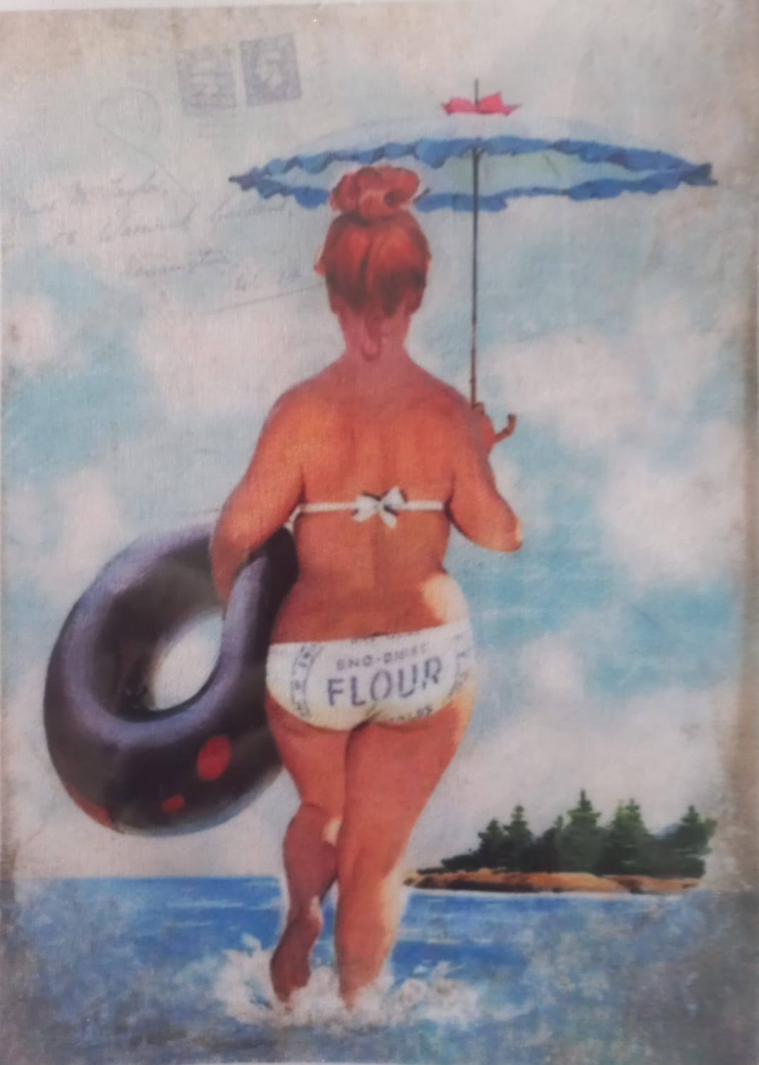 Vintage-style illustrated print showing a woman from behind walking into the ocean while wearing a white bikini bottom printed with 'FLOUR' and holding a blue umbrella and a black float.