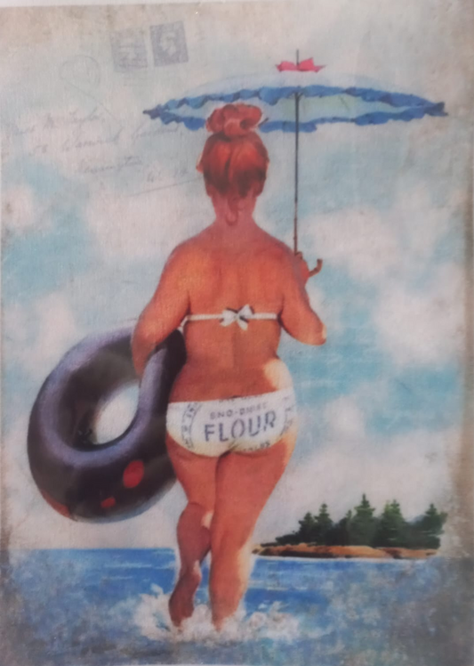 Vintage-style illustrated print showing a woman from behind walking into the ocean while wearing a white bikini bottom printed with 'FLOUR' and holding a blue umbrella and a black float.