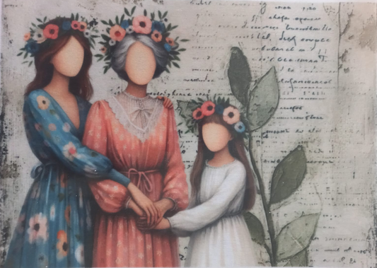 A vintage-style art print depicting three women and a young girl in floral cloaks and flower crowns, set against a background of old handwritten letters. The print is enclosed in a clear plastic sleeve.