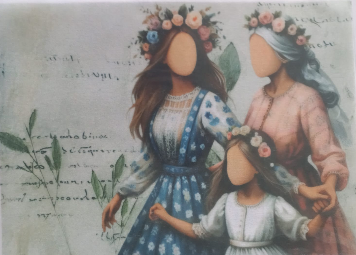 A rectangular art print or card showing a stylized illustration of three women and a child in floral crowns, with a vintage handwritten background, photographed against a white surface.