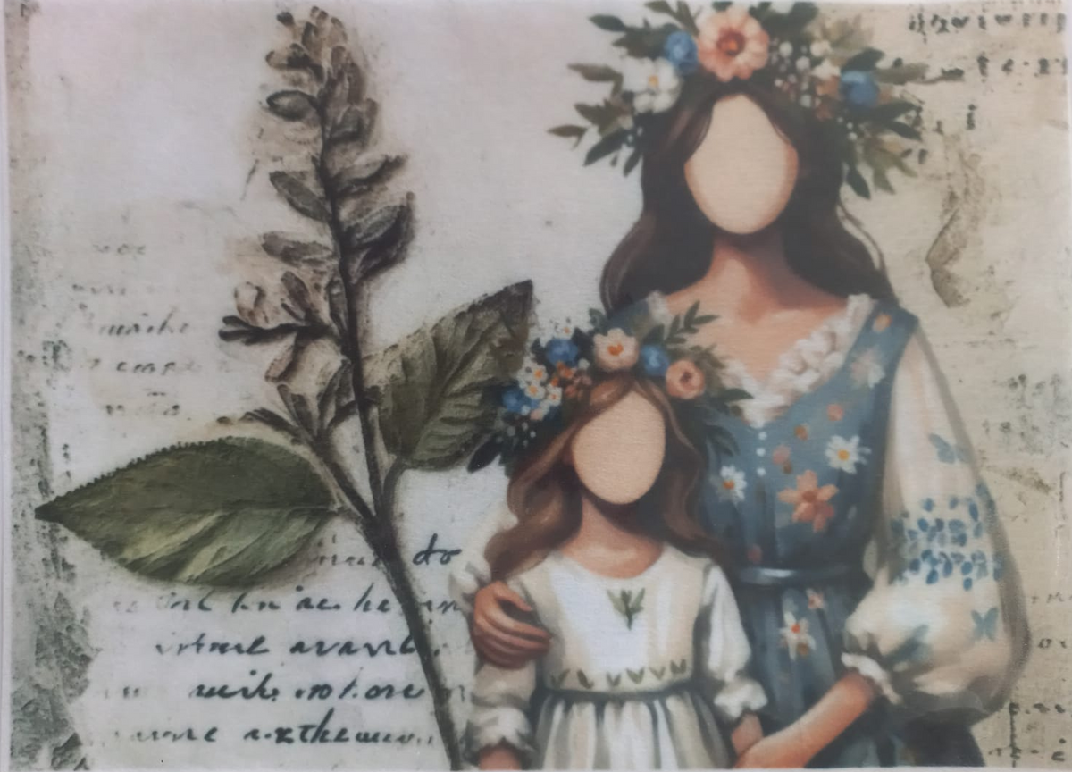 A square art print or card featuring a stylized illustration of a woman and child with floral crowns, overlaid on a vintage paper background with script text. The print is photographed inside a clear plastic sleeve.