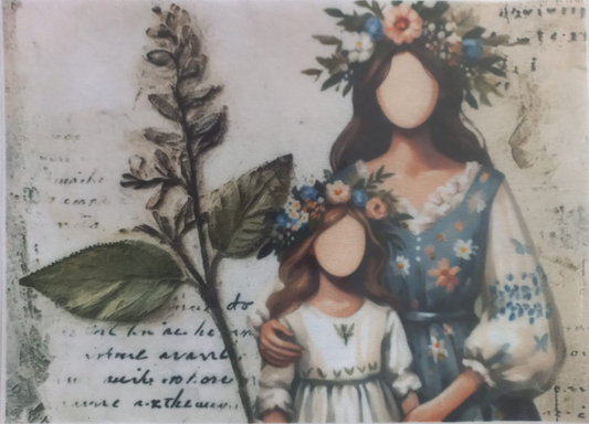 A square art print or card featuring a stylized illustration of a woman and child with floral crowns, overlaid on a vintage paper background with script text. The print is photographed inside a clear plastic sleeve.