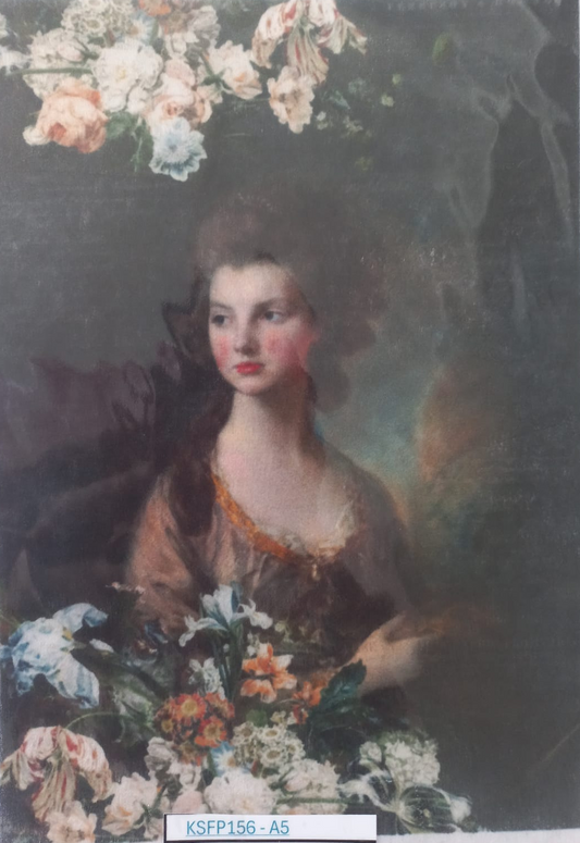 A classical-style portrait painting of a young woman with dark hair, holding a bouquet of flowers, with additional flowers at the top of the frame. The artwork is photographed against a light gray background with a small label at the bottom reading KSFP156-A5.