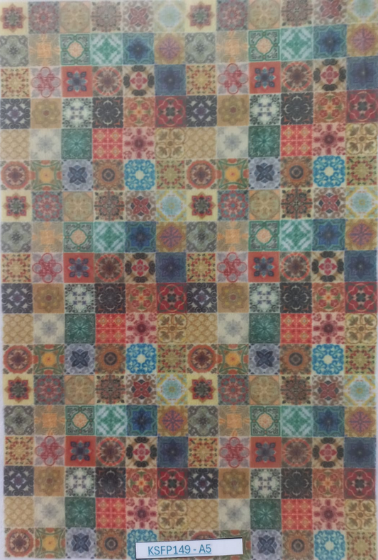 A square textile or rug sample with a patchwork grid pattern of small geometric and floral motifs in many colors, including blue, green, red, orange, beige, and gray, photographed flat against a light background.