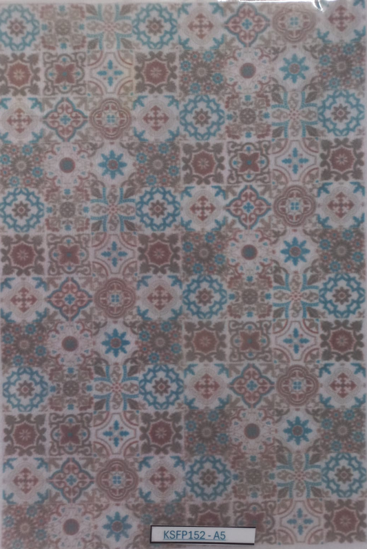 A sheet of decorative adhesive stickers featuring a repeating geometric tile pattern in muted blue, brown, beige, and gray tones, enclosed in a clear plastic sleeve with a product code label at the bottom.