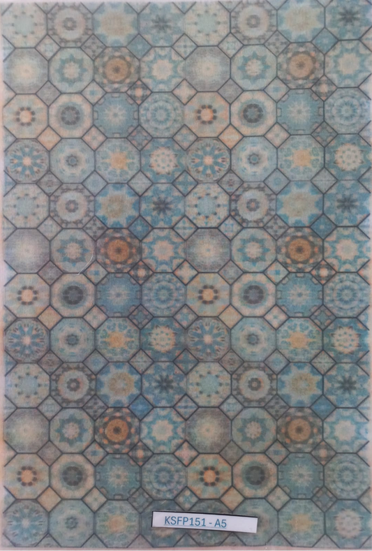 A square sample of a geometric patterned material or wallpaper featuring a repeating octagonal and starburst motif in shades of blue, beige, and gray, with a white label at the bottom reading 'KSFP151-A5'.