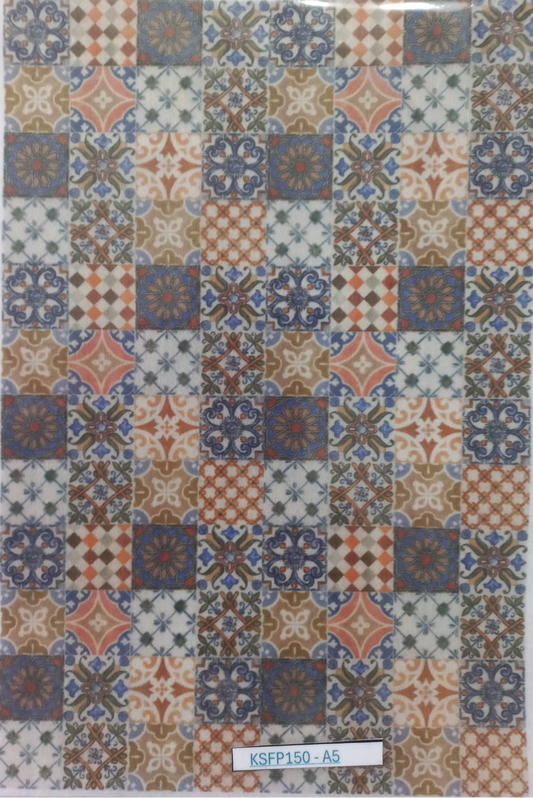 A sheet of decorative patterned tiles with a patchwork design in blue, terracotta, beige, and white, enclosed in a clear plastic sleeve with a label at the bottom reading KSFP150-A5.