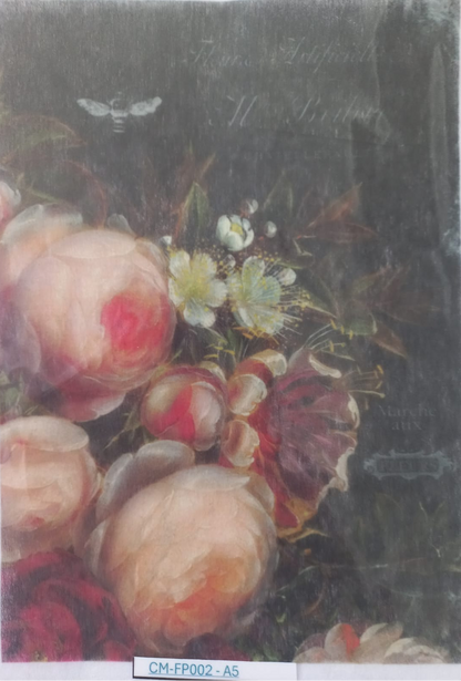 A close-up of a floral painting showing large pale pink and red peony-like blossoms with white flowers and dark green leaves against a dark background. A white strip with printed text is visible along the left edge.