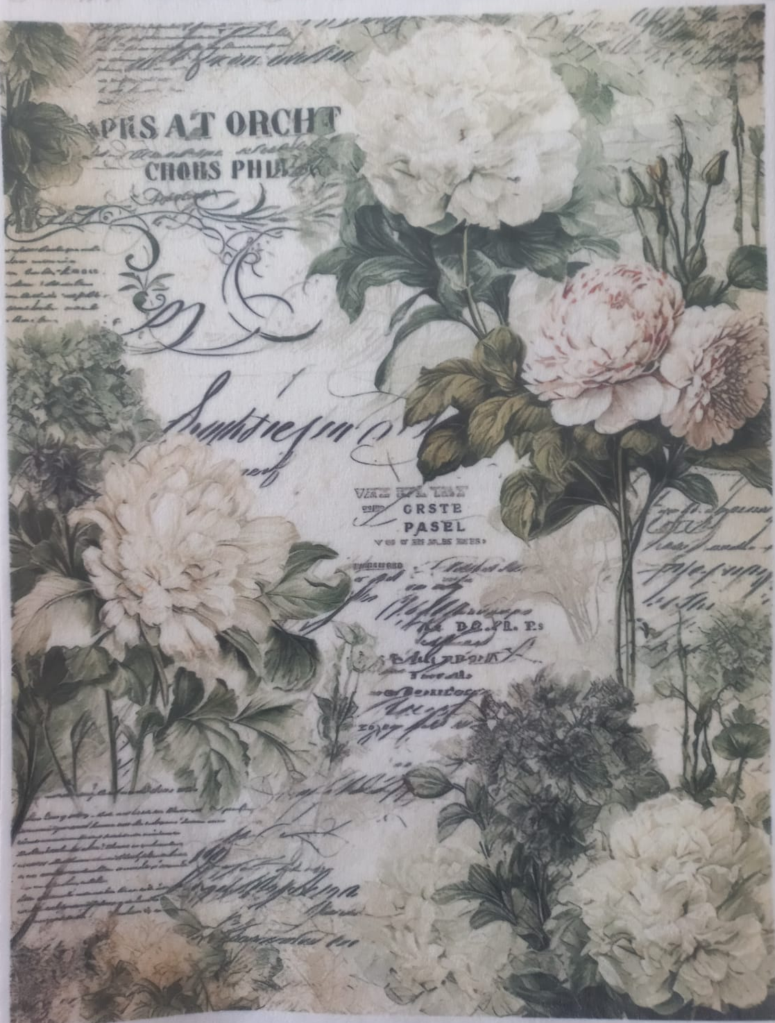 A rectangular decorative paper or fabric panel featuring a vintage floral print with large cream and blush flowers, green leaves, cursive script, and printed text elements on an aged off-white background.