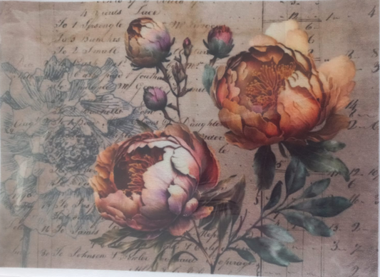 A square decorative print or card featuring large vintage-style peony flowers in peach, orange, cream, and muted purple tones over a beige background with faded cursive script and floral sketches.