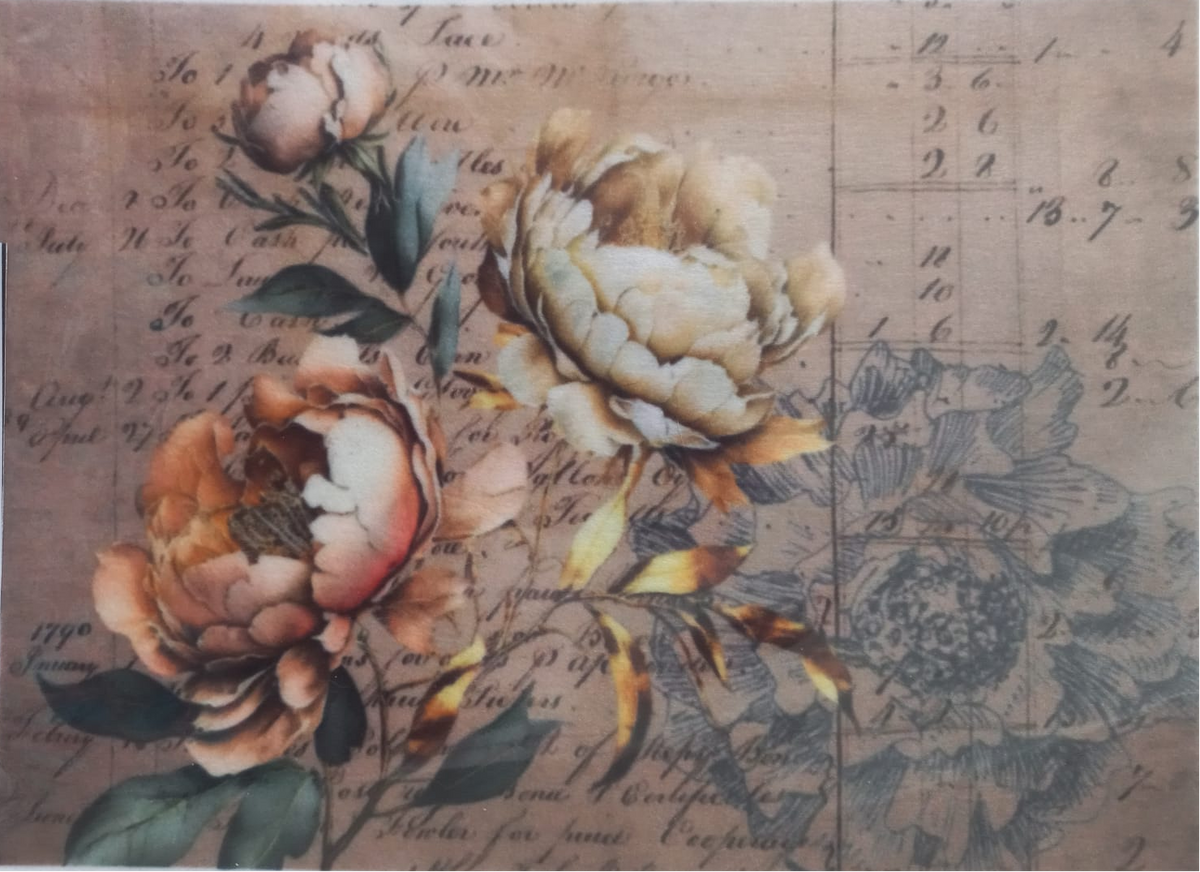 A square decorative print or textile panel featuring large vintage-style peach and cream peony flowers over a sepia script and grid background, with a small vertical white side label reading 'SIA decos Prints - Peony A.45'.