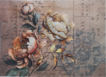 A square decorative print or textile panel featuring large vintage-style peach and cream peony flowers over a sepia script and grid background, with a small vertical white side label reading 'SIA decos Prints - Peony A.45'.