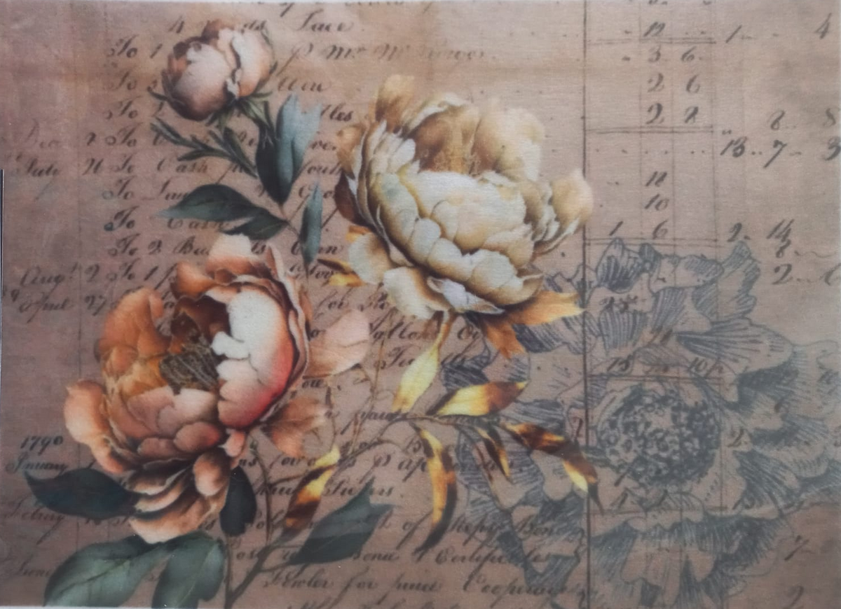 A square decorative print or textile panel featuring large vintage-style peach and cream peony flowers over a sepia script and grid background, with a small vertical white side label reading 'SIA decos Prints - Peony A.45'.