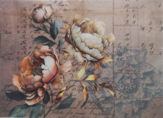 A square decorative print or textile panel featuring large vintage-style peach and cream peony flowers over a sepia script and grid background, with a small vertical white side label reading 'SIA decos Prints - Peony A.45'.