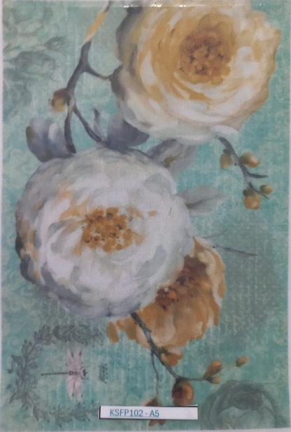 A floral art print or card featuring large cream and white flowers with yellow centers on a textured light teal background, photographed inside a clear plastic sleeve. A small label at the bottom reads KSF102-A5.