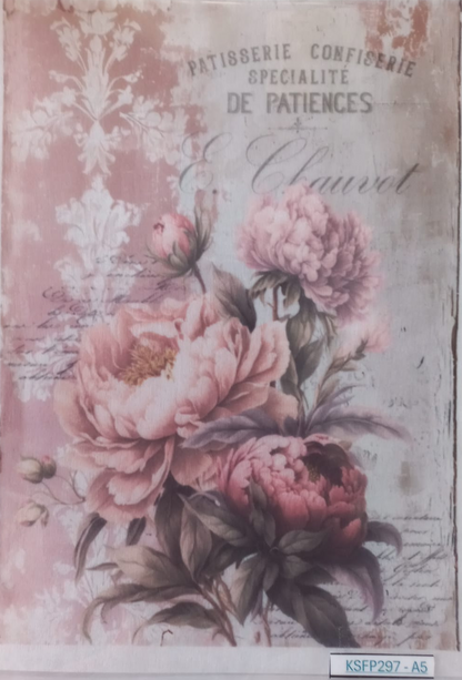 A rectangular decorative print or card featuring a vintage-style floral design with large pink peonies, botanical motifs, and French text including 'PATISBERGIE CONFISERIE DE PATIENS & Chaulrot'. The print is photographed inside a clear plastic sleeve against a white background.