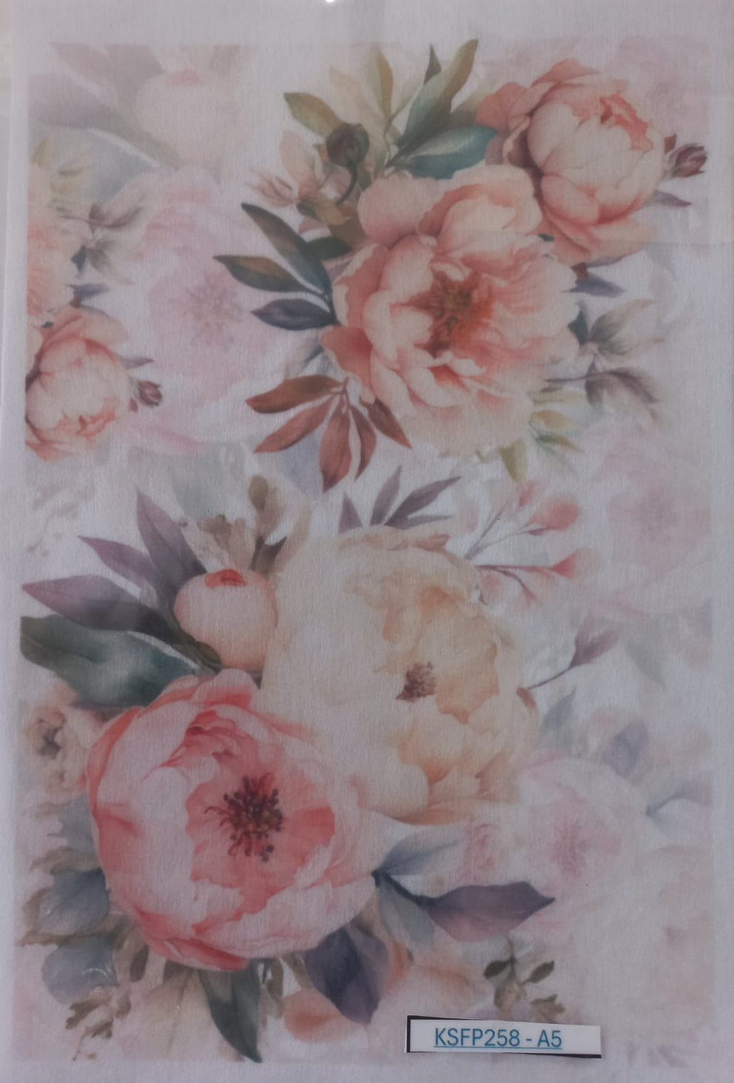 A sheet of temporary tattoos featuring a watercolor floral design with large pink and peach peonies, green leaves, and soft gray-blue accents, packaged in a clear plastic sleeve.